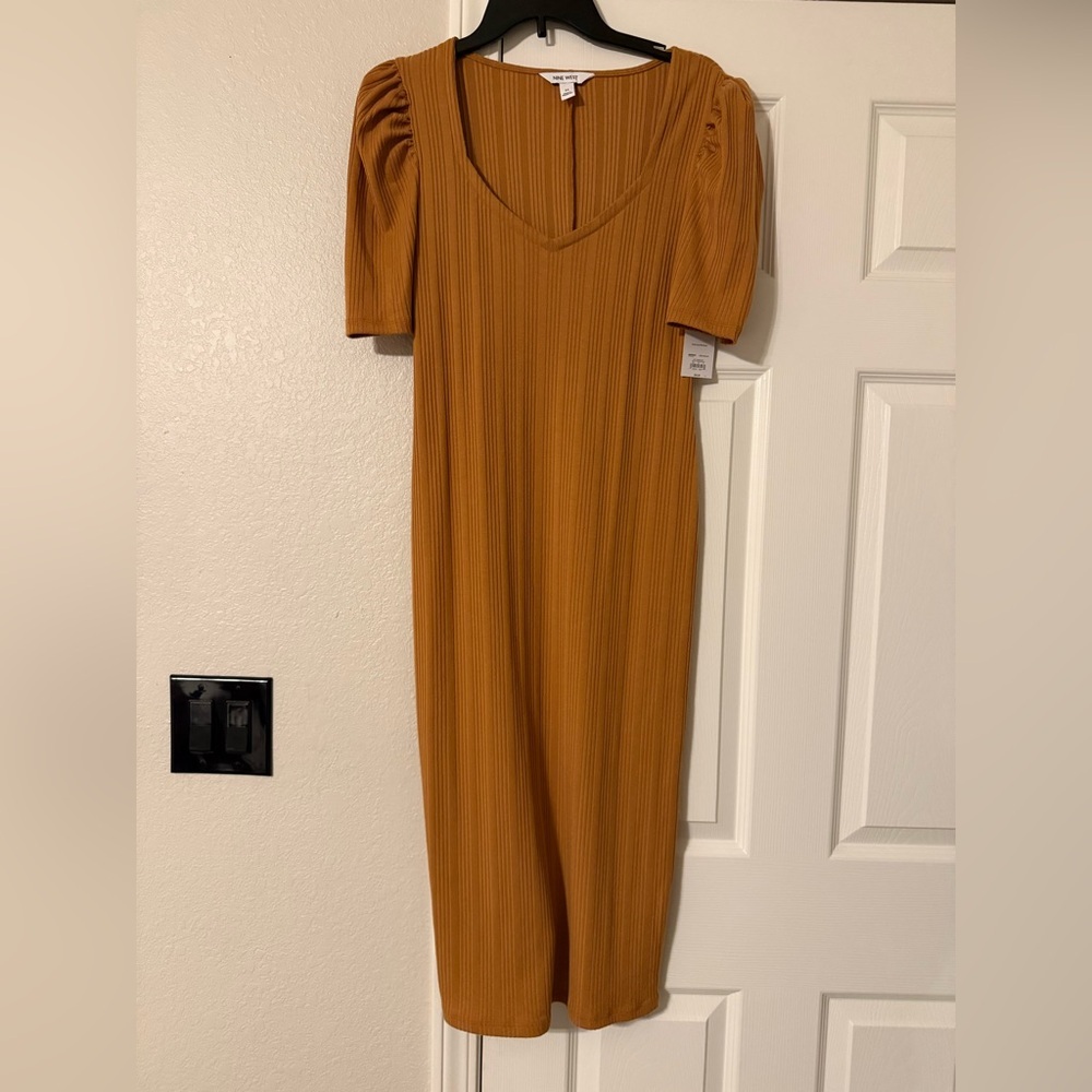 Nine West Mustard Ribbed V-Neck Midi Dress